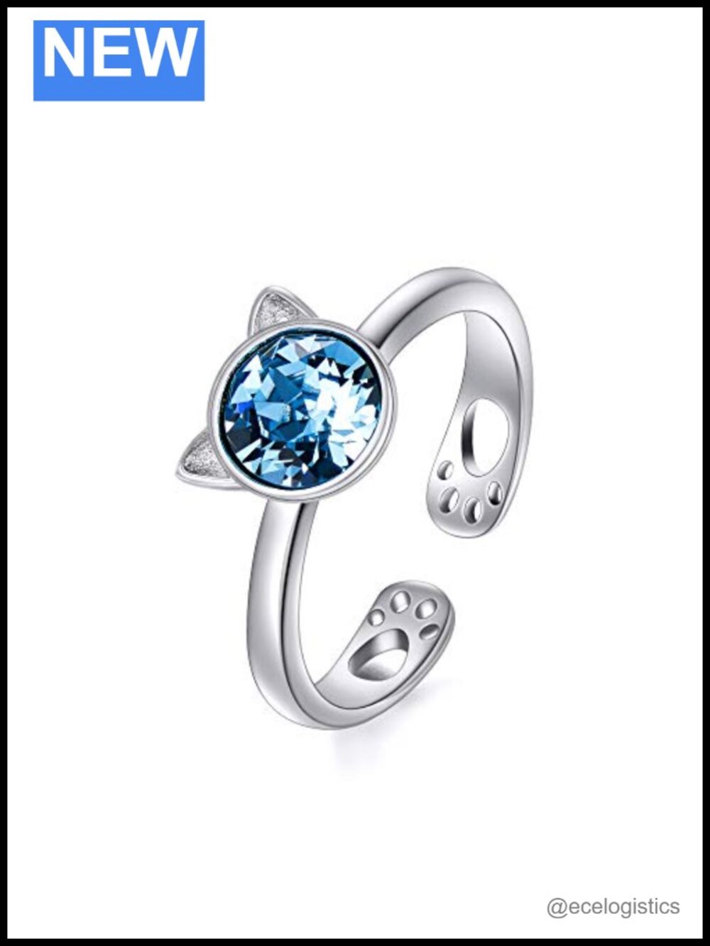 925 Sterling Silver Cat Ring with Austrian Crystal Adjustable Stacking